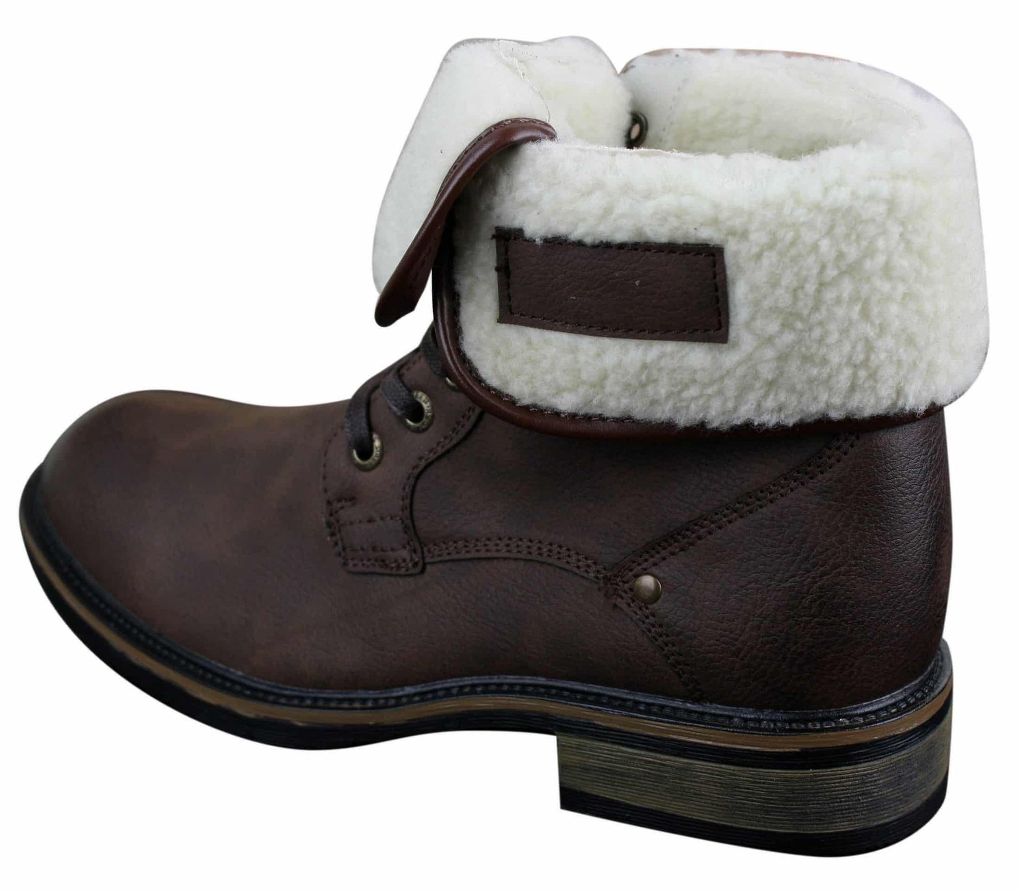 Botas militares masculinas de cano curto em couro preto e marrom com forro de lã e pele sintética.