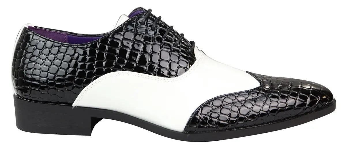 Sapatos masculinos em imitação de pele de crocodilo, preto e branco