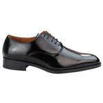 Sapatos Oxford masculinos elegantes e formais, em verniz preto, com cadarço, bico redondo clássico.