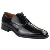Sapatos Oxford masculinos elegantes e formais, em verniz preto, com cadarço, bico redondo clássico.