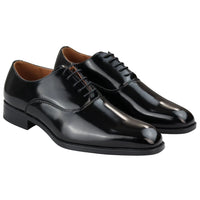 Sapatos Oxford masculinos elegantes e formais, em verniz preto, com cadarço, bico redondo clássico.