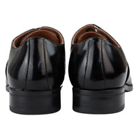 Sapatos Oxford masculinos elegantes e formais, em verniz preto, com cadarço, bico redondo clássico.