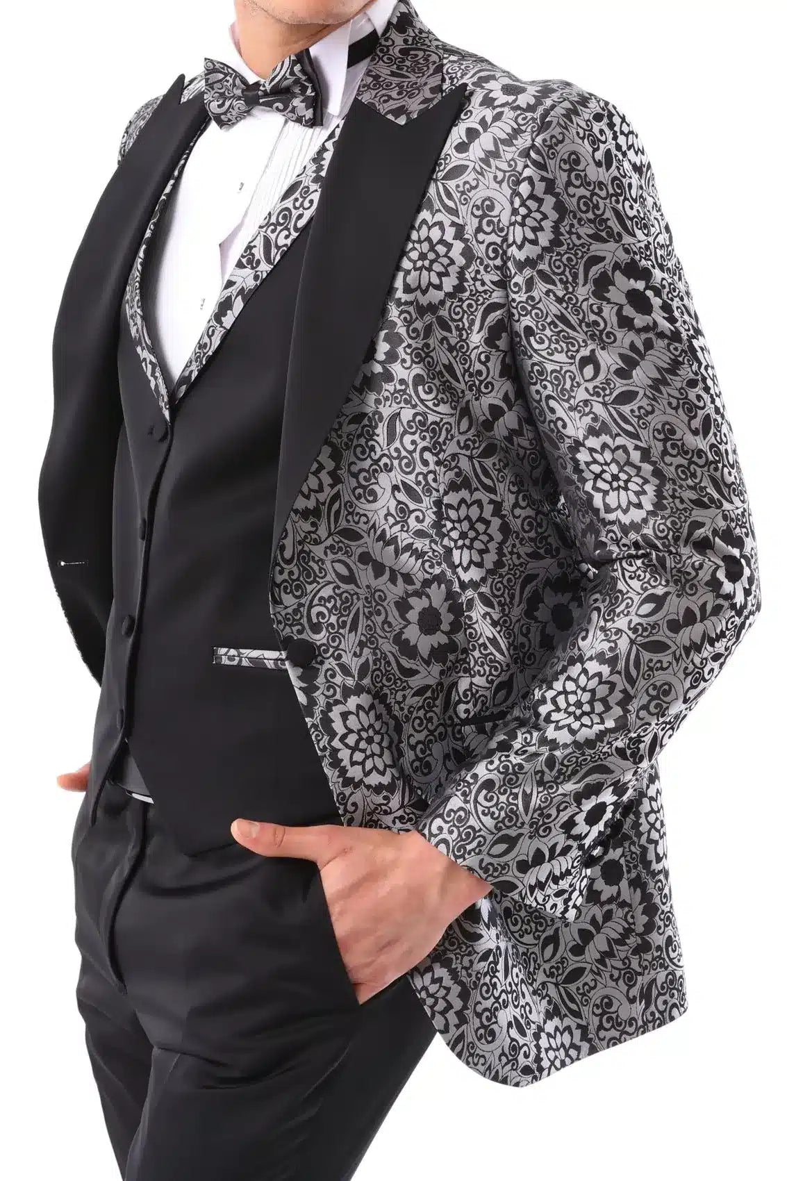 Terno smoking masculino preto com estampa floral prateada, 3 peças, para casamento, formatura, festa e cerimônia do noivo.