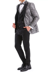 Terno smoking masculino preto com estampa floral prateada, 3 peças, para casamento, formatura, festa e cerimônia do noivo.