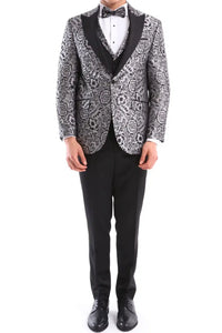 Terno smoking masculino preto com estampa floral prateada, 3 peças, para casamento, formatura, festa e cerimônia do noivo.