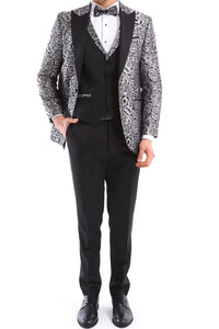 Terno smoking masculino preto com estampa floral prateada, 3 peças, para casamento, formatura, festa e cerimônia do noivo.