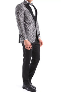Terno smoking masculino preto com estampa floral prateada, 3 peças, para casamento, formatura, festa e cerimônia do noivo.
