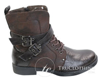 Botas masculinas punk rock góticas emo de cano curto em couro marrom e preto com fivela