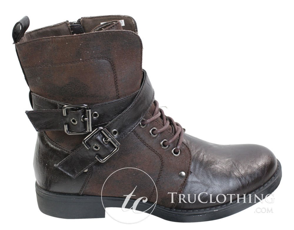 Botas masculinas punk rock góticas emo de cano curto em couro marrom e preto com fivela