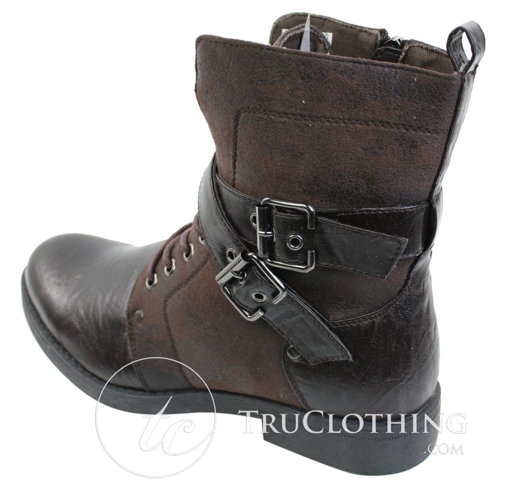 Botas masculinas punk rock góticas emo de cano curto em couro marrom e preto com fivela