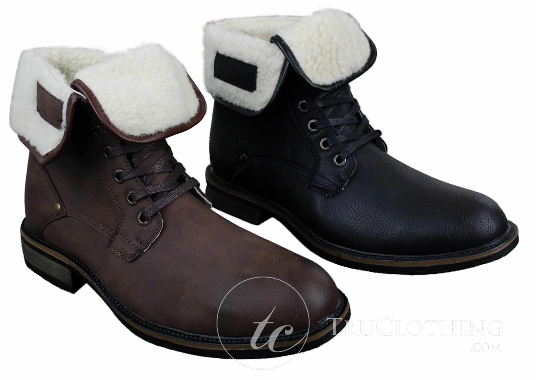 Botas militares masculinas de cano curto em couro preto e marrom com forro de lã e pele sintética.