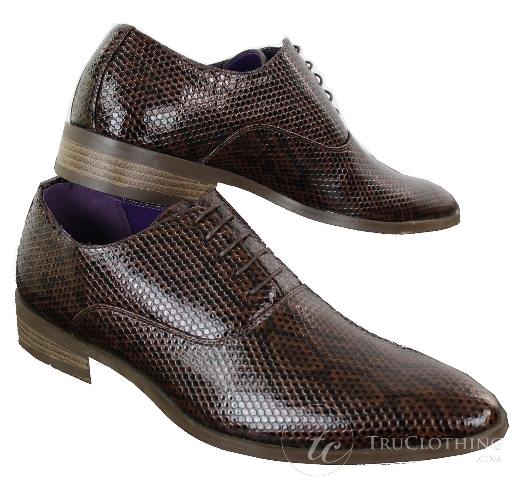 Elong EL0536 - Sapato social masculino clássico com cadarço, em couro envernizado brilhante marrom e preto com estampa de cobra.