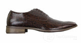 Elong EL0536 - Sapato social masculino clássico com cadarço, em couro envernizado brilhante marrom e preto com estampa de cobra.