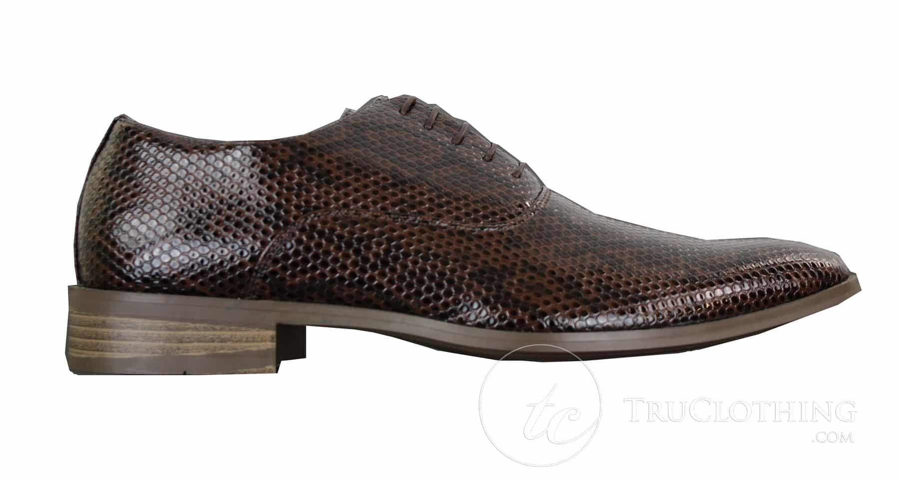 Elong EL0536 - Sapato social masculino clássico com cadarço, em couro envernizado brilhante marrom e preto com estampa de cobra.