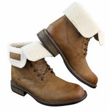 Botas militares masculinas de cano curto em couro marrom-claro com forro de lã e pele sintética.