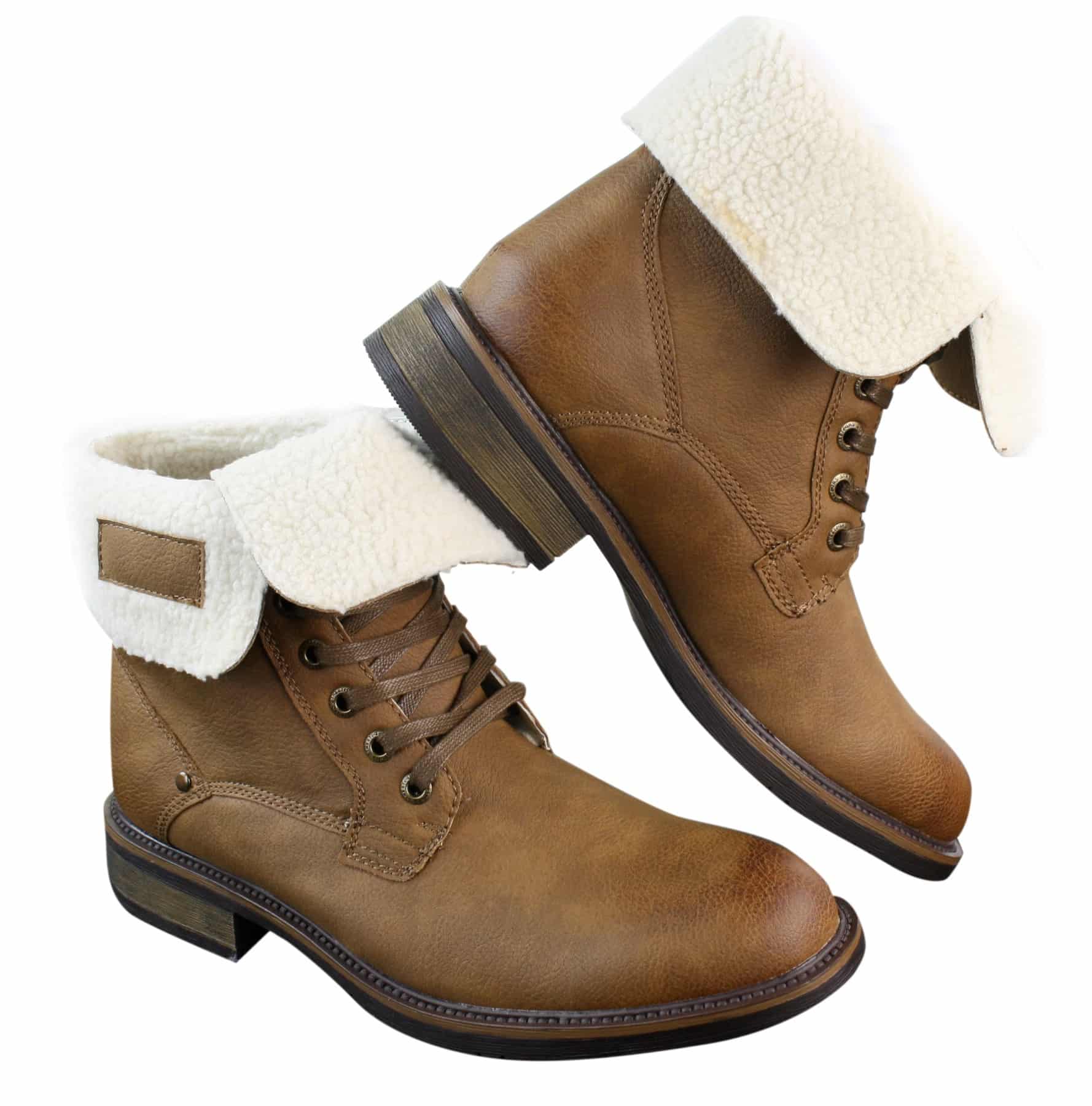 Botas militares masculinas de cano curto em couro marrom-claro com forro de lã e pele sintética.