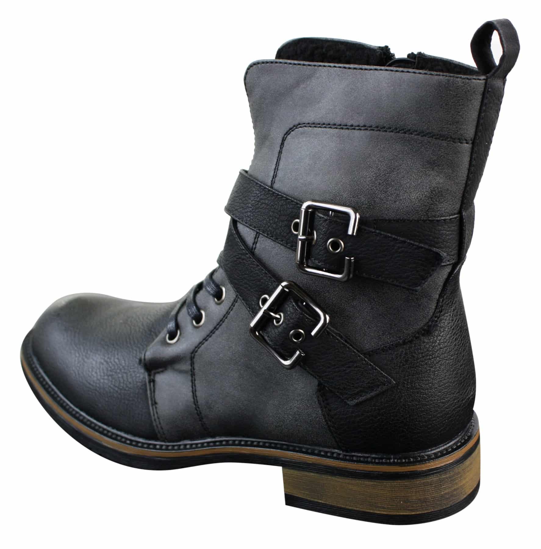 Botas de cano curto estilo punk rock gótico emo para motociclista, com fivela de couro e forro de lã.