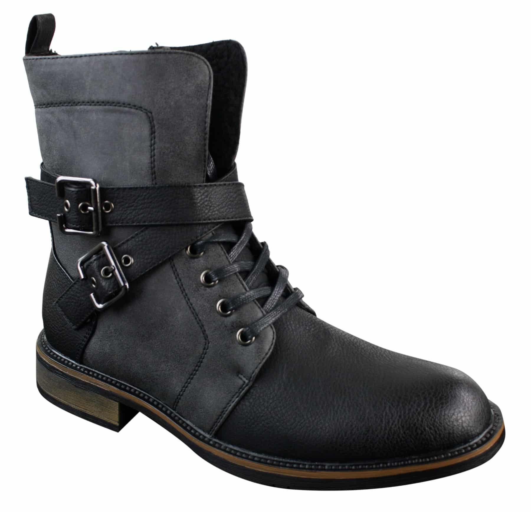 Botas de cano curto estilo punk rock gótico emo para motociclista, com fivela de couro e forro de lã.