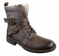 Botas de cano curto estilo punk rock gótico emo para motociclista, com fivela de couro e forro de lã.