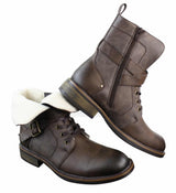 Botas de cano curto estilo punk rock gótico emo para motociclista, com fivela de couro e forro de lã.