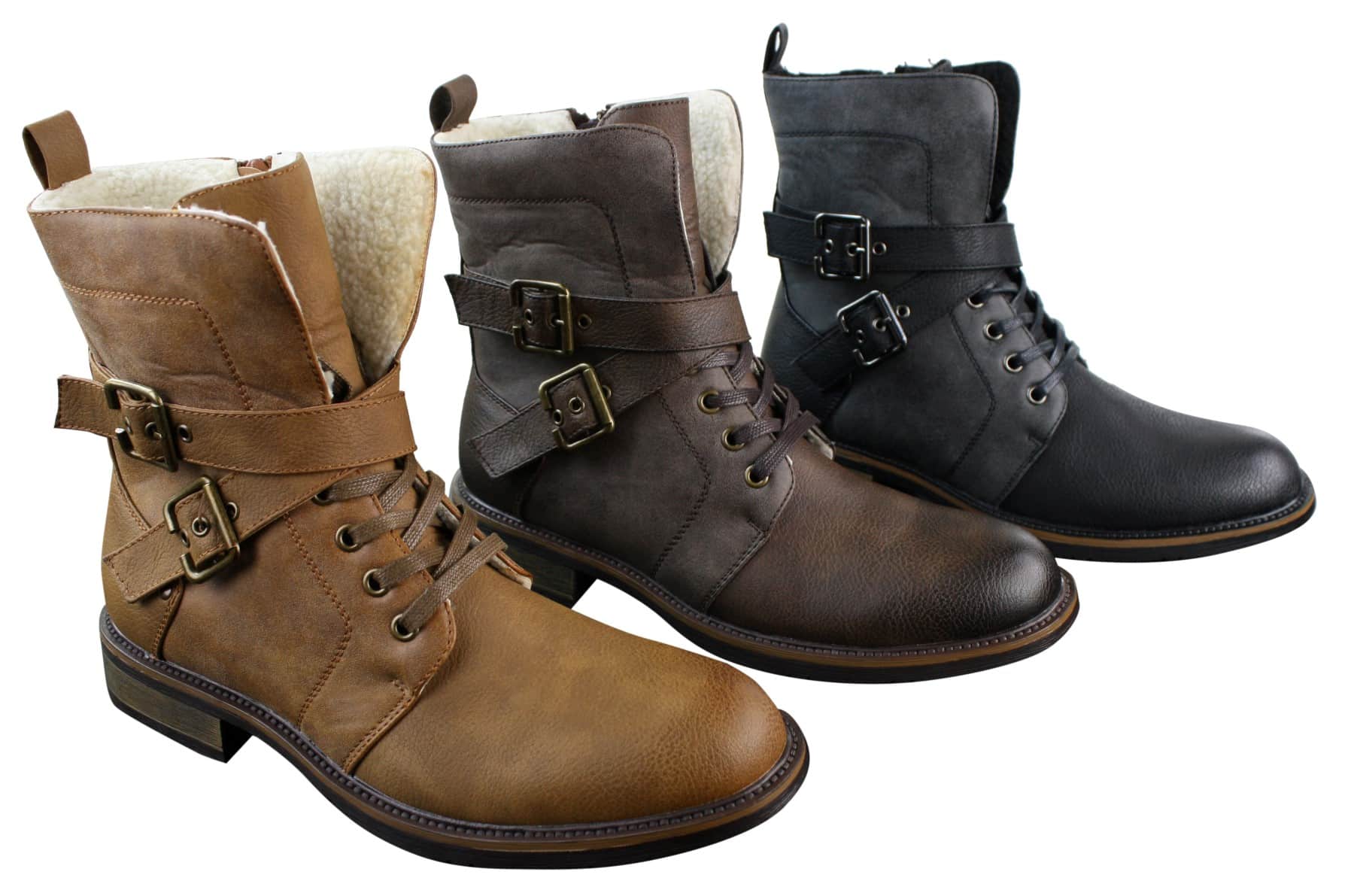 Botas de cano curto estilo punk rock gótico emo para motociclista, com fivela de couro e forro de lã.