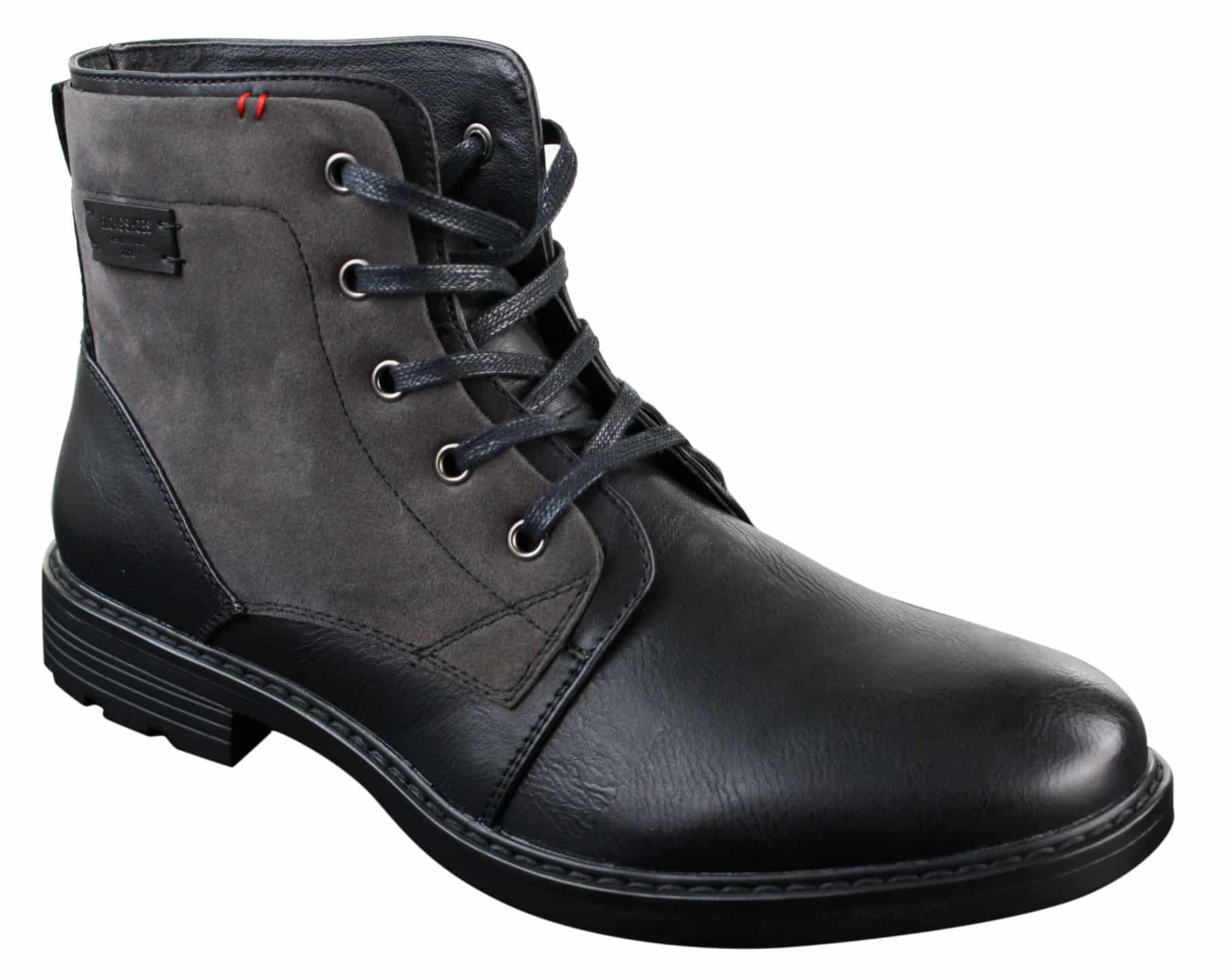 Botas masculinas de cano curto estilo cowboy militar/motociclista com cadarço, em couro PU e camurça.