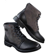 Botas masculinas de cano curto estilo cowboy militar/motociclista com cadarço, em couro PU e camurça.