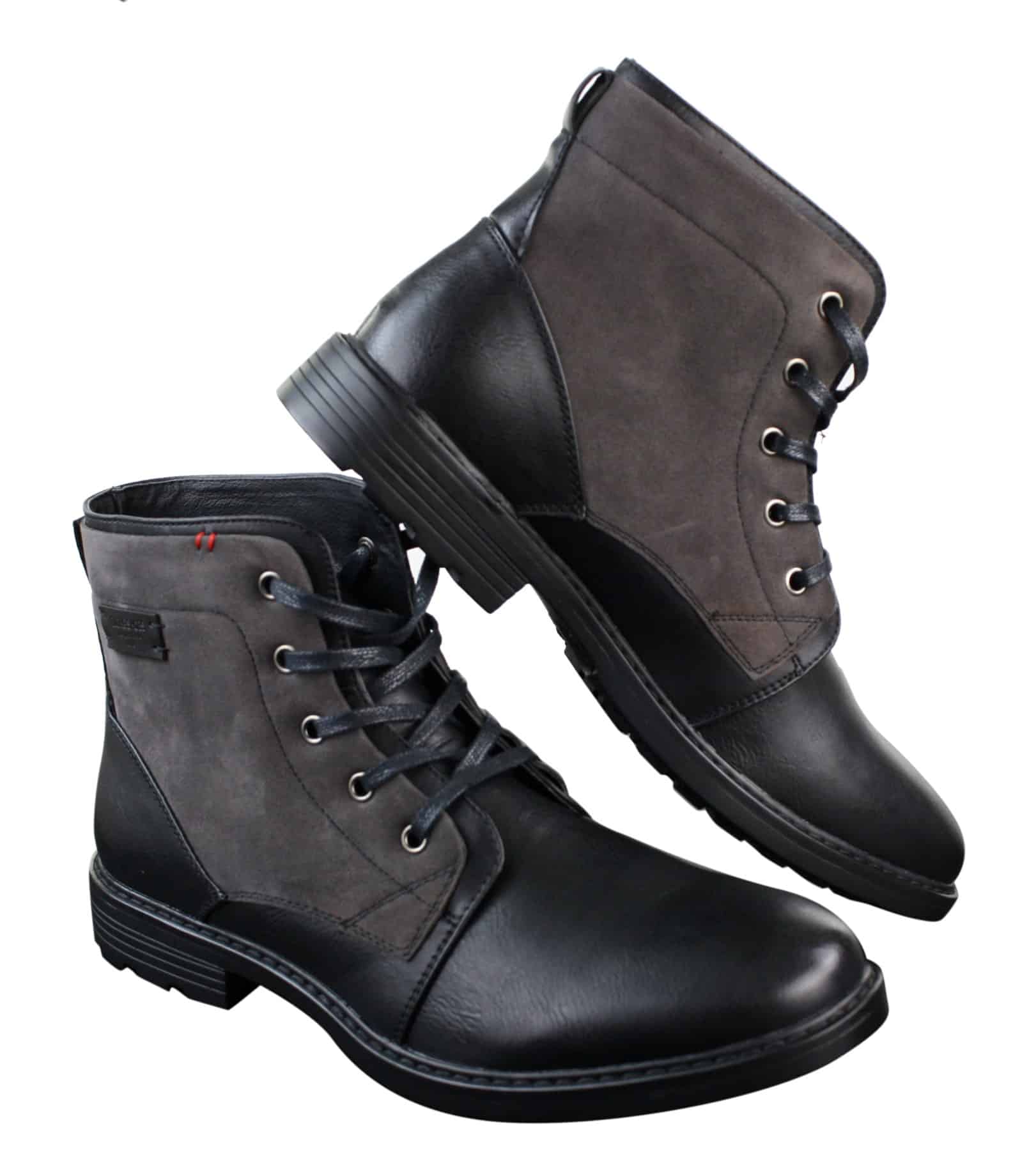 Botas masculinas de cano curto estilo cowboy militar/motociclista com cadarço, em couro PU e camurça.