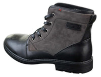 Botas masculinas de cano curto estilo cowboy militar/motociclista com cadarço, em couro PU e camurça.