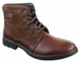 Botas masculinas de cano curto estilo cowboy militar/motociclista com cadarço, em couro PU e camurça.