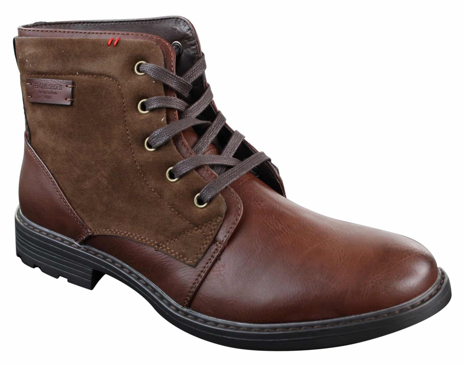 Botas masculinas de cano curto estilo cowboy militar/motociclista com cadarço, em couro PU e camurça.