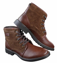Botas masculinas de cano curto estilo cowboy militar/motociclista com cadarço, em couro PU e camurça.