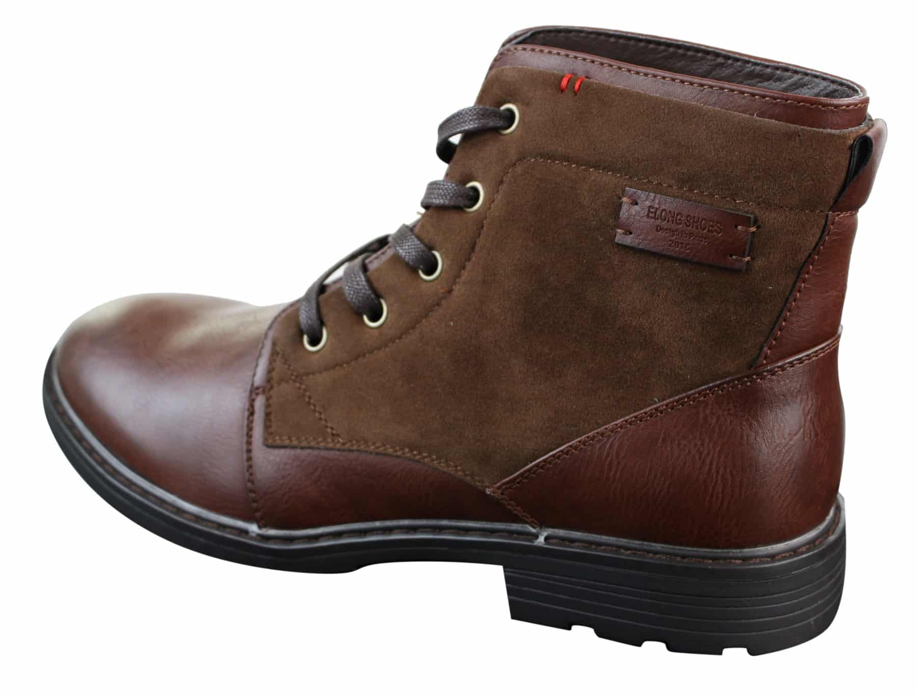 Botas masculinas de cano curto estilo cowboy militar/motociclista com cadarço, em couro PU e camurça.