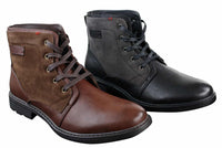 Botas masculinas de cano curto estilo cowboy militar/motociclista com cadarço, em couro PU e camurça.