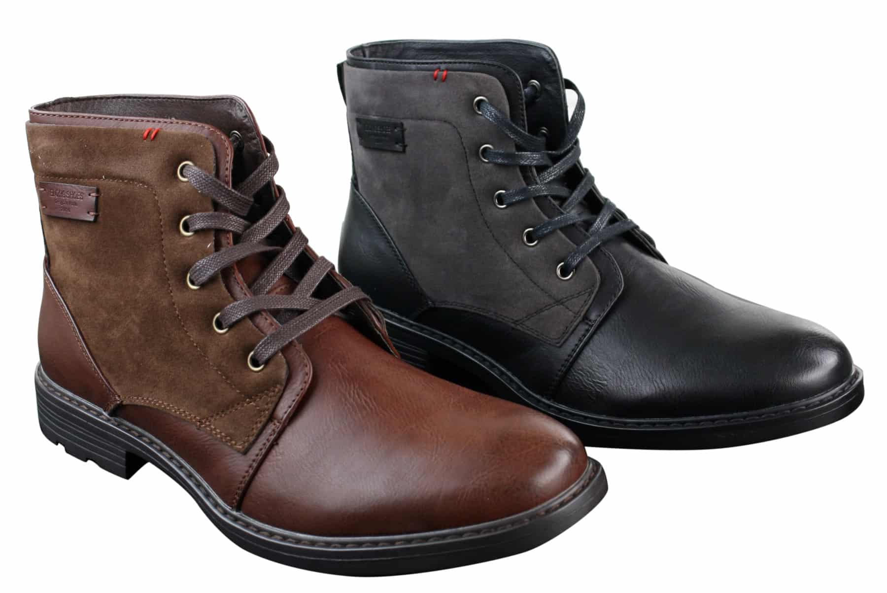 Botas masculinas de cano curto estilo cowboy militar/motociclista com cadarço, em couro PU e camurça.