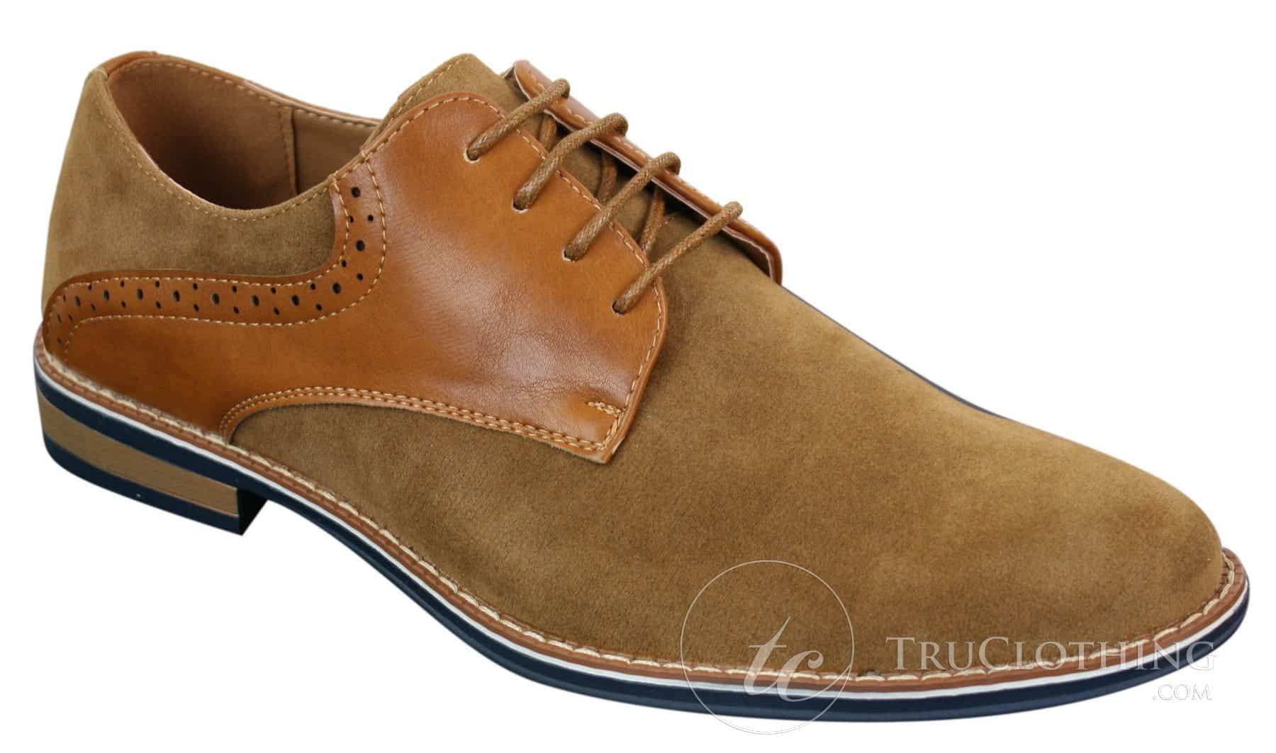 Elong K23 - Sapato Masculino de Camurça com Cadarço, Estilo Casual Elegante, em Couro Sintético Marrom Claro, com Bico Redondo e Ajuste Confortável.