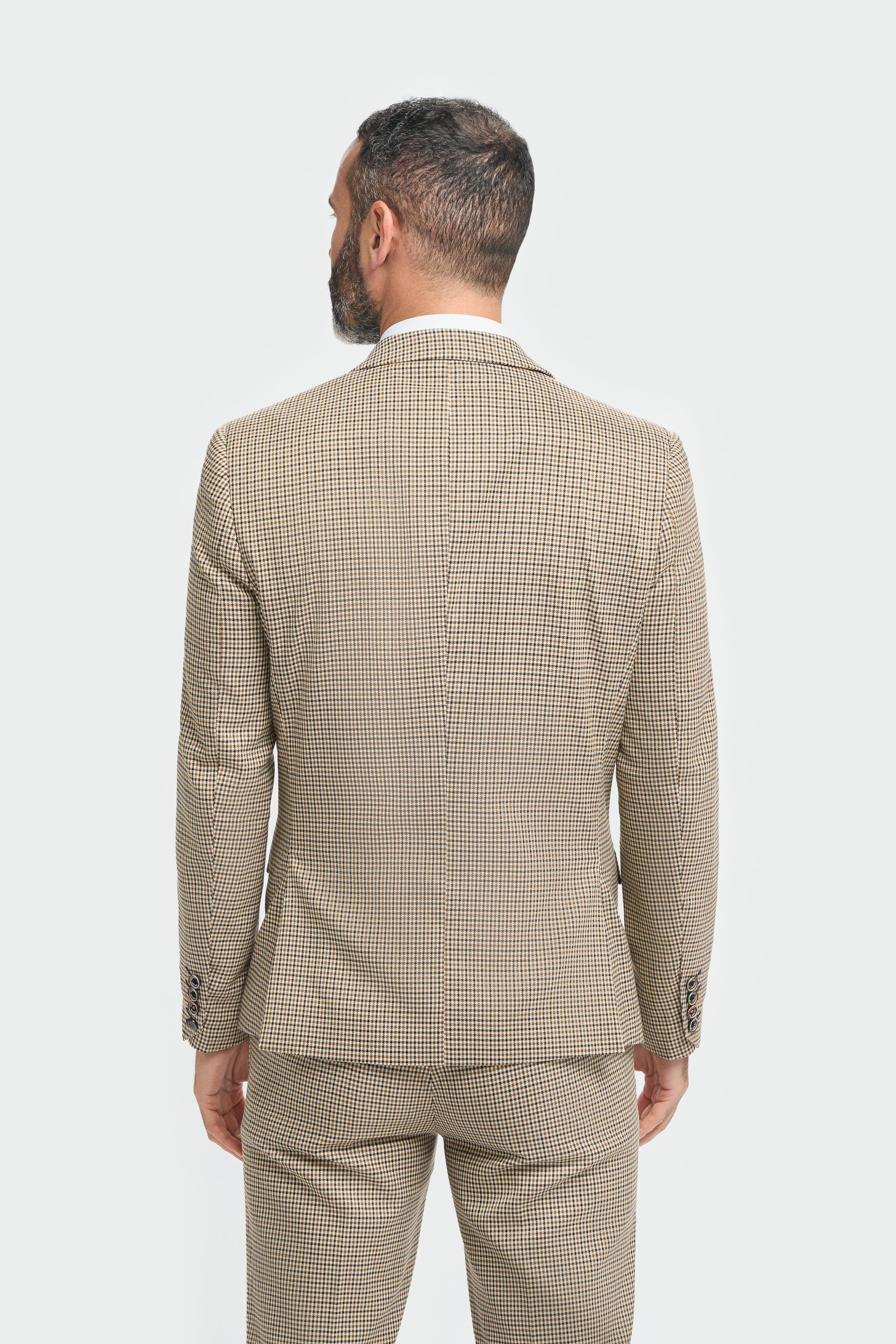 Terno masculino xadrez bege e azul marinho