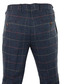 Calças masculinas azul-marinho vinho xadrez espinha de peixe tweed vintage novas Marc Darcy