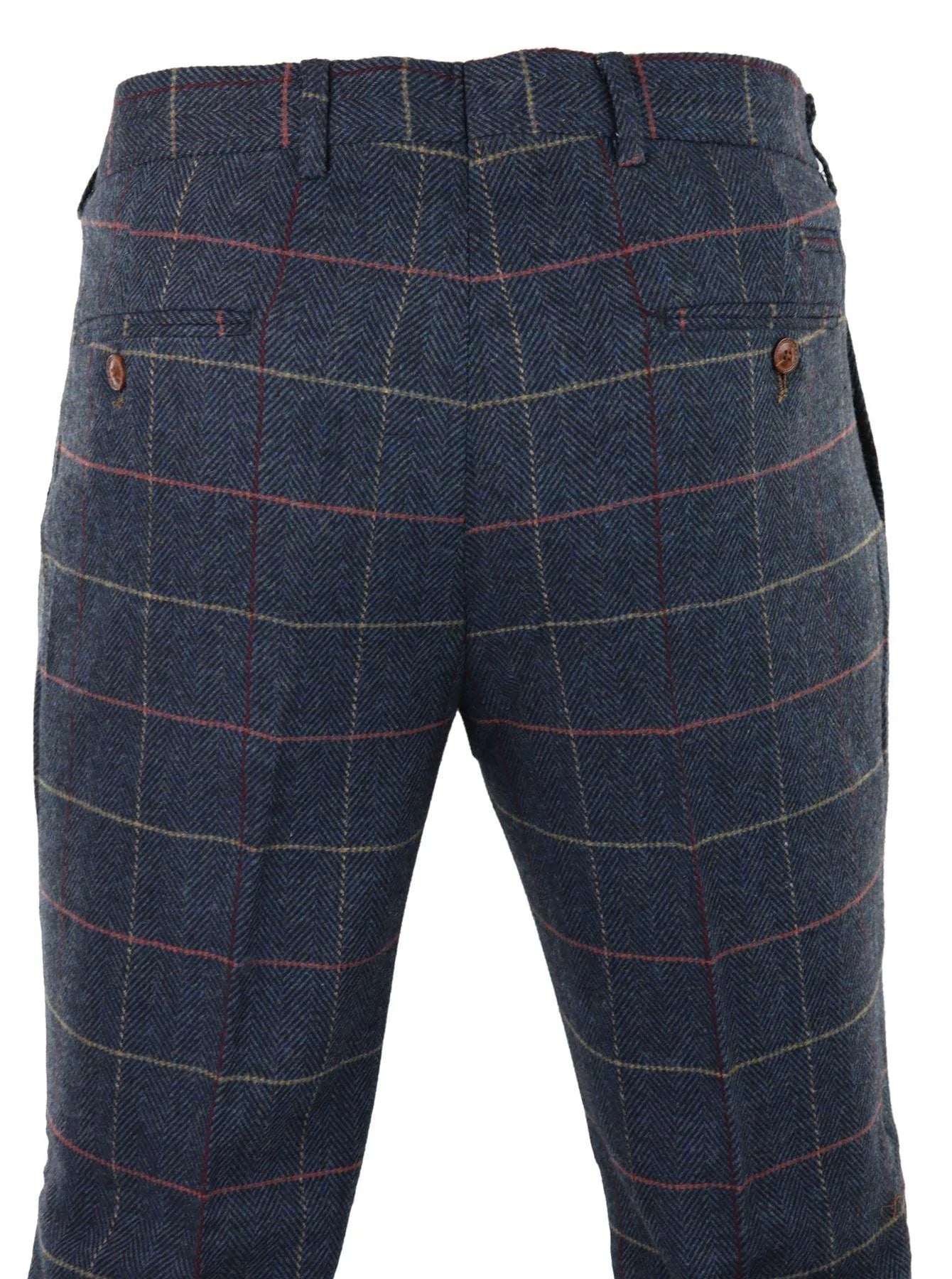 Calças masculinas azul-marinho vinho xadrez espinha de peixe tweed vintage novas Marc Darcy