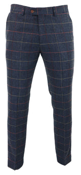 Calças masculinas azul-marinho vinho xadrez espinha de peixe tweed vintage novas Marc Darcy