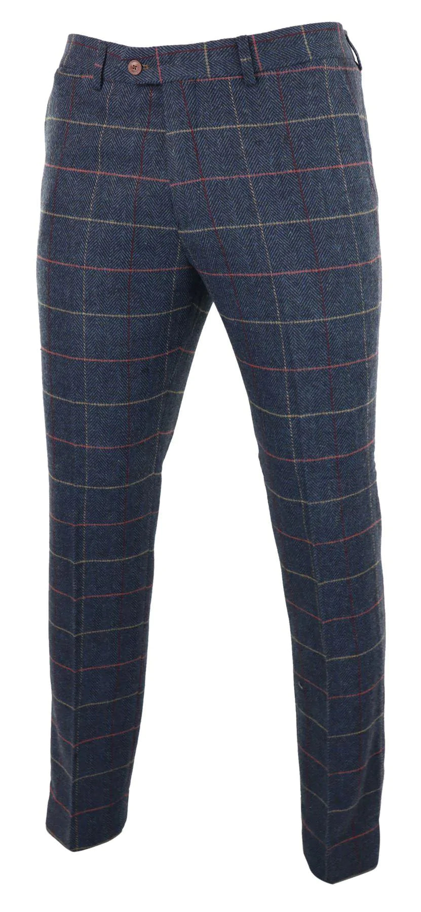 Calças masculinas azul-marinho vinho xadrez espinha de peixe tweed vintage novas Marc Darcy