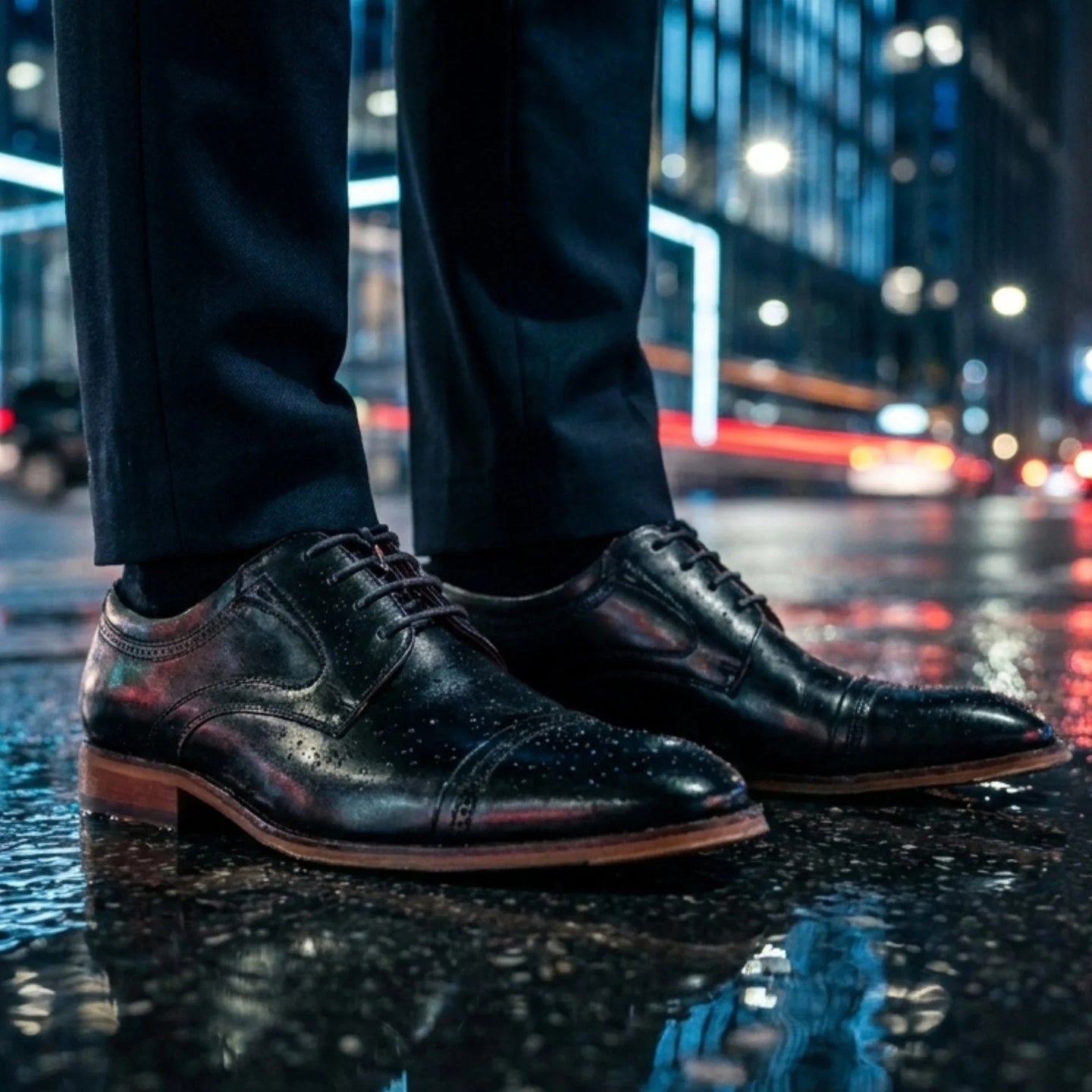 Everett - Sapatos Derby Masculinos em Couro Preto Polido com Biqueira Reta