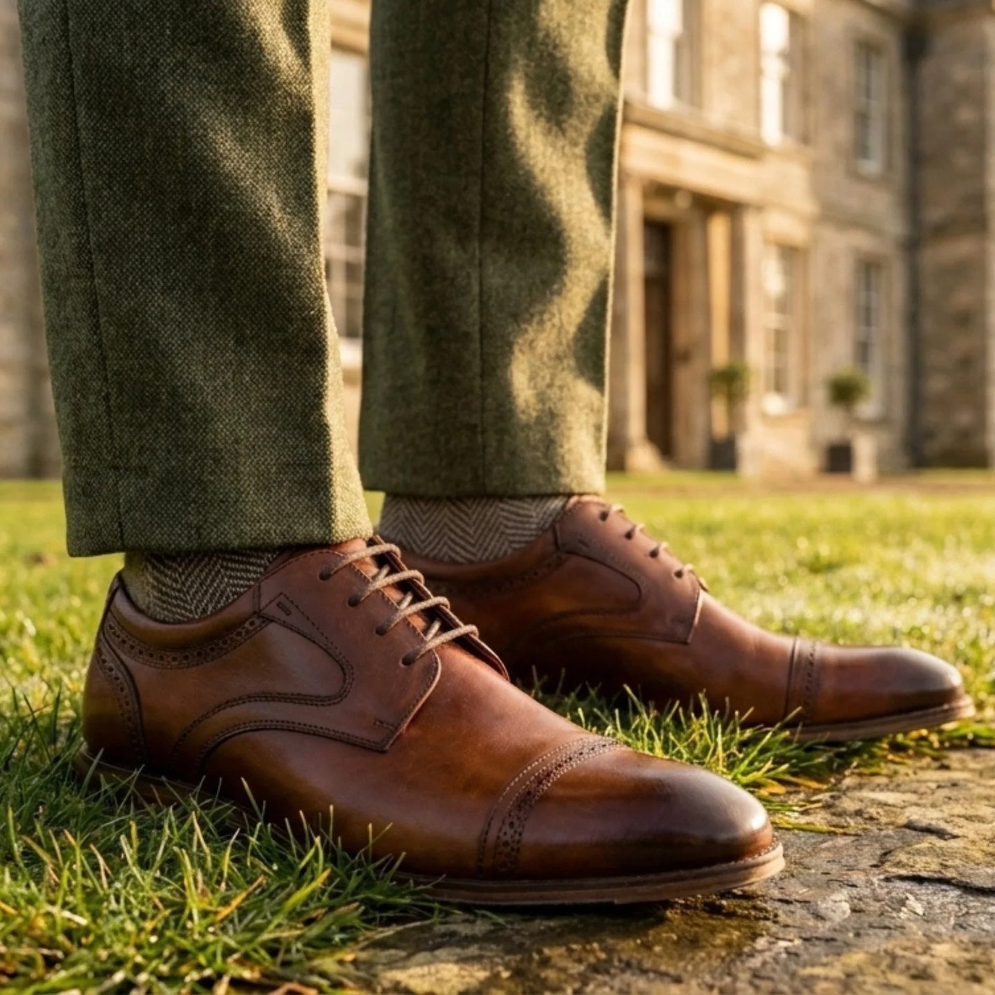 Everett - Sapatos Derby Masculinos em Couro Marrom Polido com Biqueira Reta