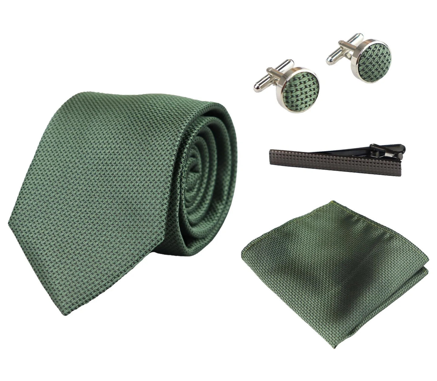 Conjunto de presente com gravata, lenço de bolso e abotoaduras em cetim de seda texturizado verde fosco.