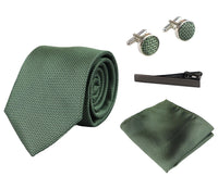 Conjunto de presente com gravata, lenço de bolso e abotoaduras em cetim de seda texturizado verde fosco.