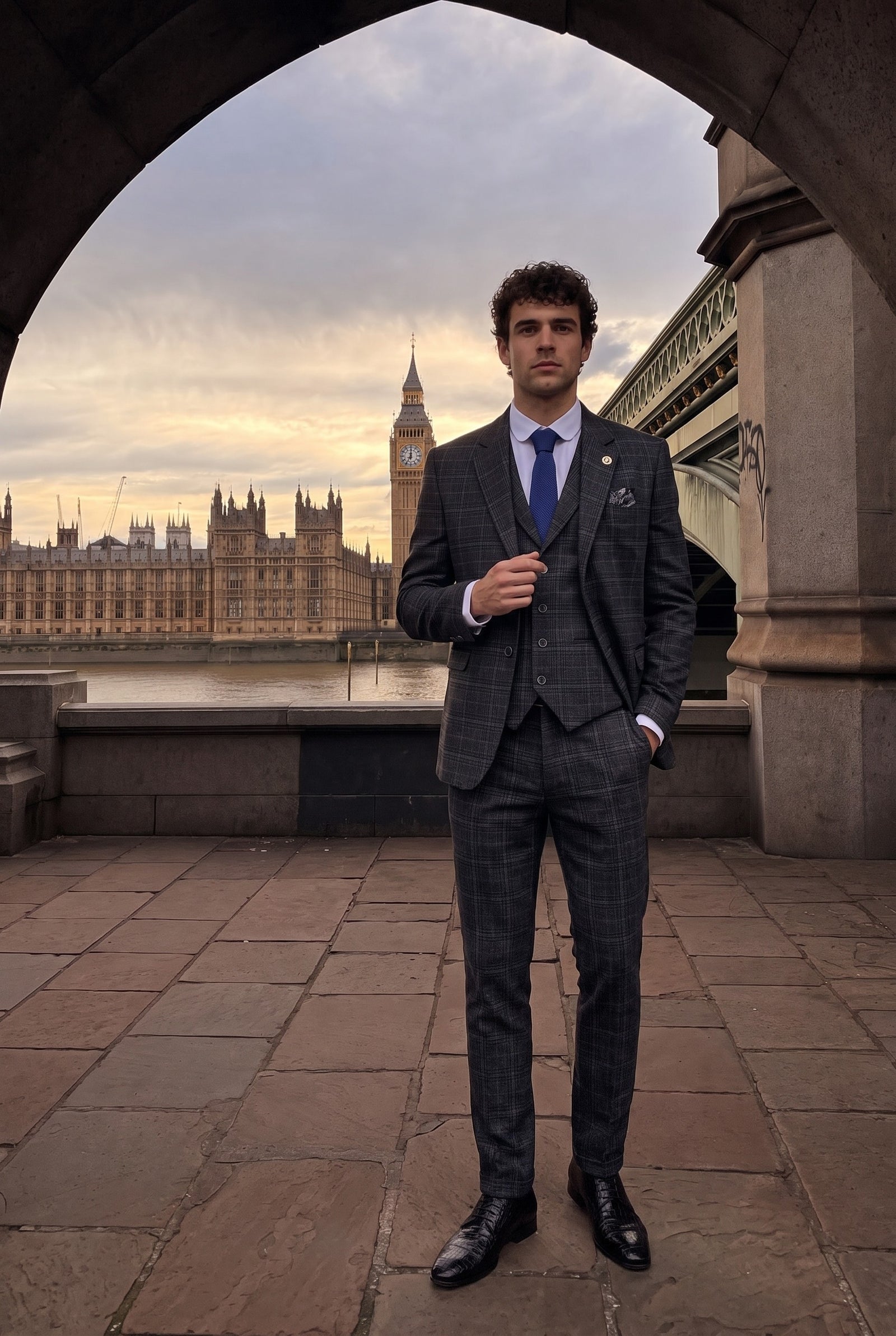 Look #323 styled with Terno masculino de três peças em xadrez tartan cinza