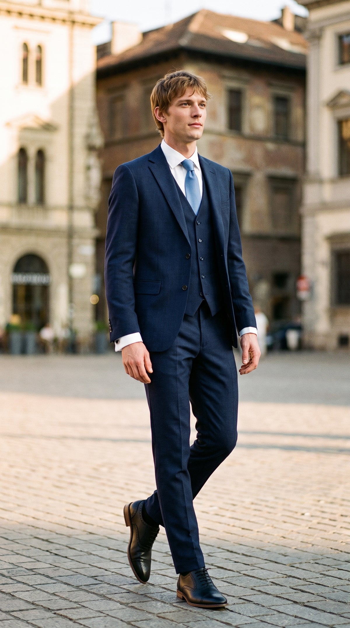 Look #822 styled with James - Terno masculino azul-marinho de 3 peças em lã com corte sob medida.