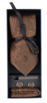 Conjunto de presente com gravata marrom Paisley, lenço de bolso, abotoaduras e gravata floral de cetim.