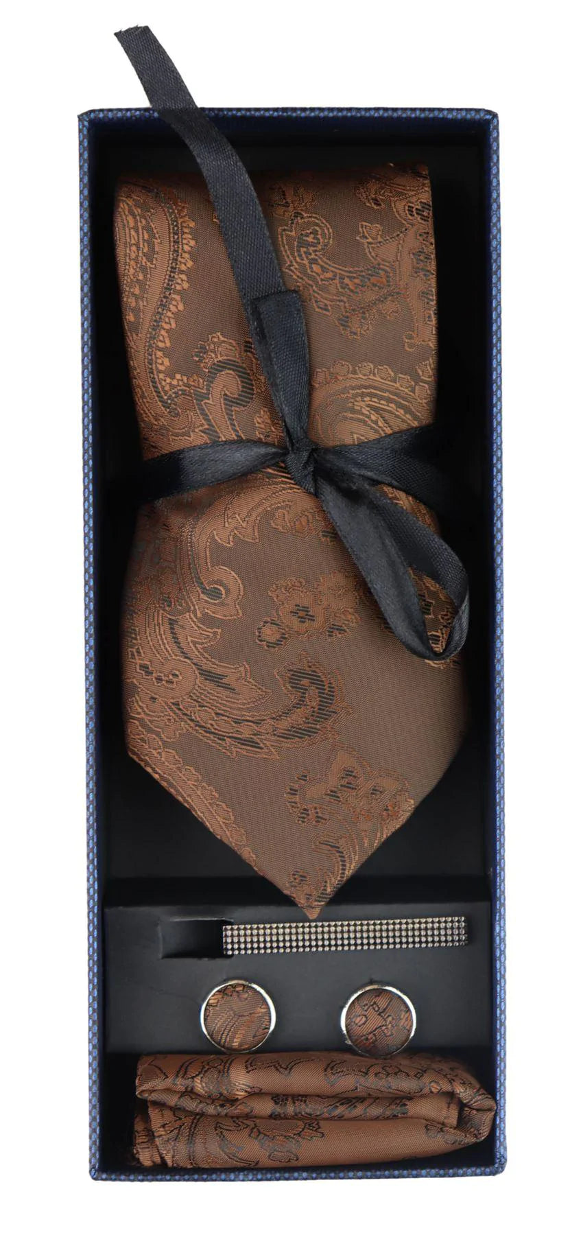 Conjunto de presente com gravata marrom Paisley, lenço de bolso, abotoaduras e gravata floral de cetim.