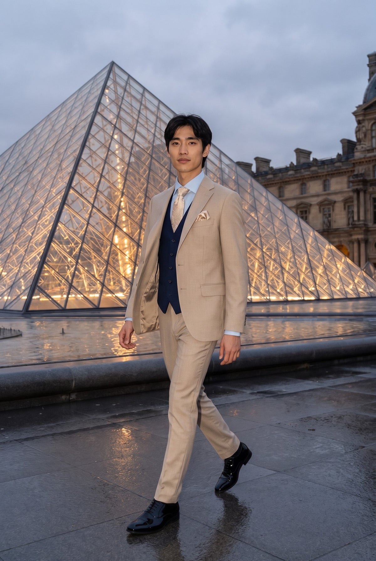 Look #1000 styled with Mayfair - Terno masculino de 3 peças creme com colete azul-marinho